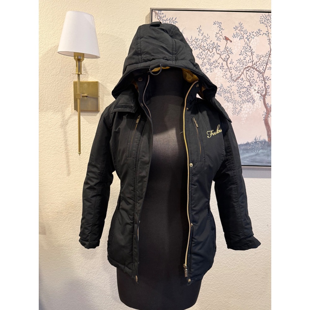 FUBU Black Puffer Jacket Hooded Gold Logo Yellow Lining‎ Girls 10/12 or XS women